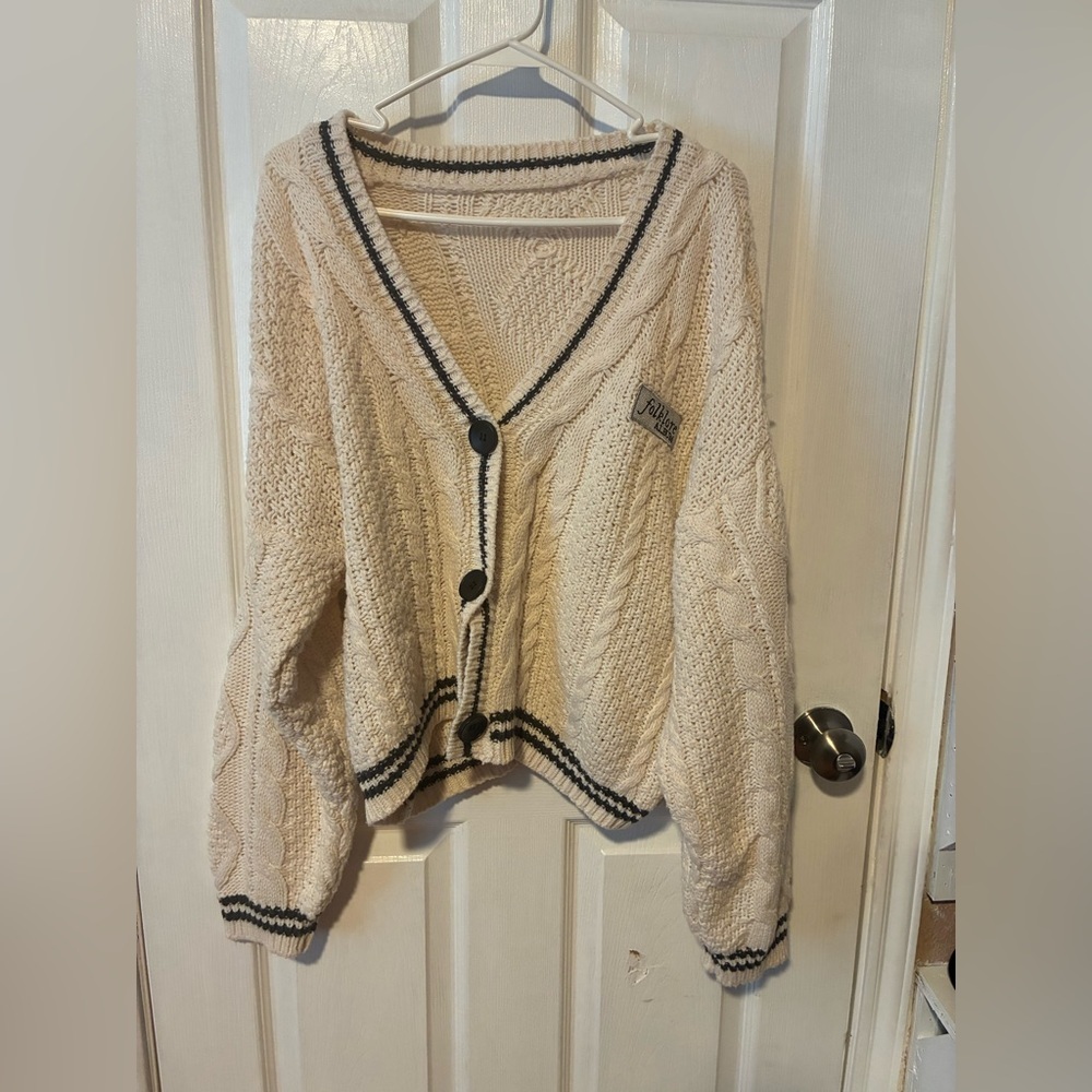 Chunky Cream Cable Knit Cardigan with Contrast Trim